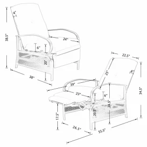 Adjustable Patio Recliner Lounge Chair With Cushion, 300 lbs - 38 (D) x 26.5 (W) x 38.5 (H) Inches