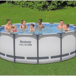 Steel Pro MAX 14 Foot x 48 Inch Round Steel Frame Above Ground Pool Set With 1,000 Filter Pump, Ladder And Cover - Gray