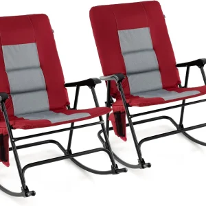Oversized Folding Rocking Chair With Padded Seat, Metal Frame And Side Pocket