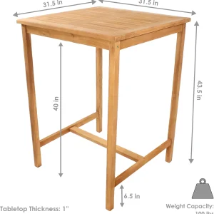 Sunnydaze Solid Teak Wood Square Patio Bar Table, 31.5in W x 31.5in D x 43.5in H