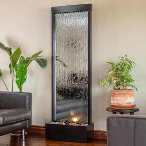 Alpine Corporation Wall-Mounted Mirror Waterfall Fountain With Stones And LED Lights, 24in L x 10in W x 72in H, Silver