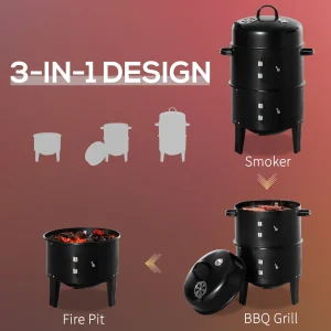 Outsunny 3-in-1 16in Round Charcoal BBQ Smoker Grill With 2 Cooking Areas And Thermometer - Black