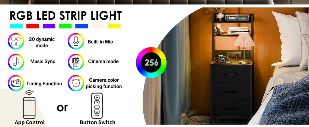 41 Inch Tall Nightstand RGB LED Strip Light Modes and Controls