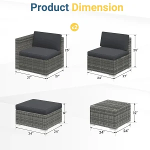 Wisteria Lane 5-Piece Outdoor Wicker Rattan Sectional Conversation Set With Cushions And Glass Coffee Table - Grey