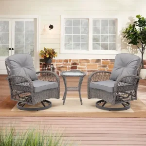 3-Piece Outdoor Swivel Rocker Conversation Set With Tempered Glass Coffee Table