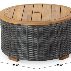 SAFAVIEH Couture Anguilla Outdoor Patio Round Wicker Coffee Table With Storage, Natural