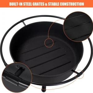 SUNCREAT 42-Inch Wood Burning Patio Fire Pit, Black, 42.1 Inch Diameter x 25.2 Inch High