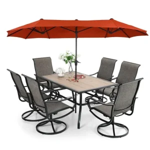 8-Piece Patio Dining Set With Umbrella And 6 Sling Dining Swivel Chairs