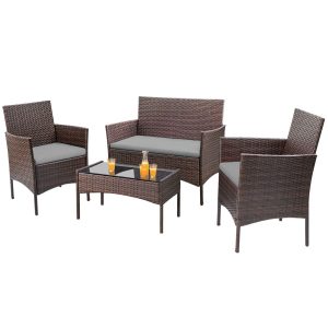 4-Piece Outdoor Patio Furniture Set With Rattan Wicker Chairs, Loveseat And Glass-Top Table