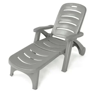 Rolling Folding Plastic Pool Lounge Chair With Armrests, 5 Position - Patio Deck Beach Chair