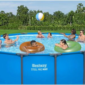 Steel Pro MAX 14 Foot x 48 Inch Round Steel Frame Above Ground Pool Set With 1,000 Filter Pump, Ladder And Cover - Gray