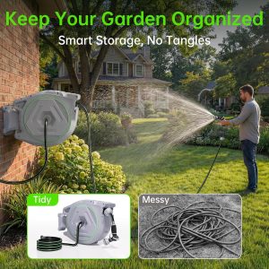 Retractable Garden Hose Reel 5/8 in x 100 ft Heavy Duty Wall Mounted With 9-Pattern Nozzle - 180 Degree Swivel