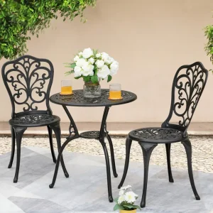 Nuu Garden 3-Piece Black Cast Aluminum Bistro Patio Set - 24 Inch Round Table