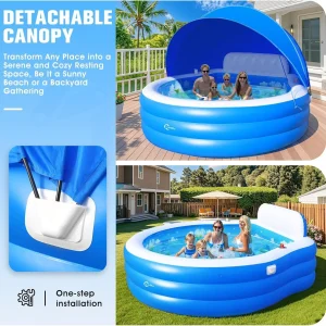 Inflatable Family Lounge Pool With Canopy, Bench And Backrest, 92in x 92in x 26in - Blue