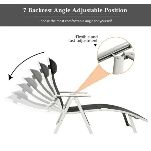 7 Position Folding Outdoor Chaise Lounge Chair With Cushion And Pillow