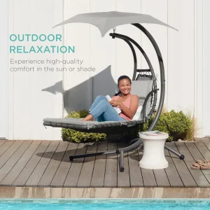 Best Choice Products Outdoor Hanging Steel Chaise Lounge Chair With Canopy, Charcoal Gray - SKY5871