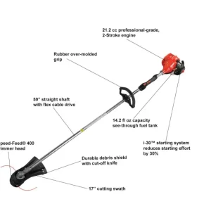 ECHO Gas String Trimmer, 21.2 cc 2-Stroke Straight Shaft - SRM-225