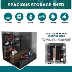 Seizeen Outdoor Resin Storage Shed, 41 Cu. Ft. / 306 Gal, Gray, 3 Doors With Floor