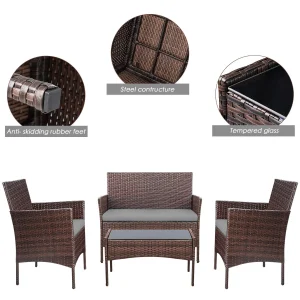 4-Piece Outdoor Patio Furniture Set With Rattan Wicker Chairs, Loveseat And Glass-Top Table