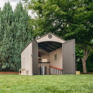 Plastic Storage Shed, 8 ft. W x 12.5 ft. D, Desert Tan And Dark Brown