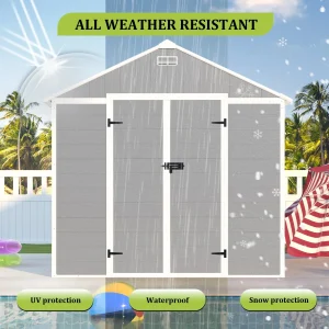 Seizeen Outdoor Resin Storage Shed, 41 Cu. Ft. / 306 Gal, Gray, 3 Doors With Floor