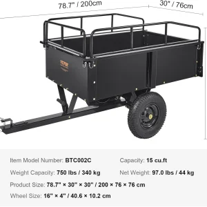 VEVOR Steel ATV Dump Cart, 750 lbs, 15 Cubic Feet - Garden Utility Trailer