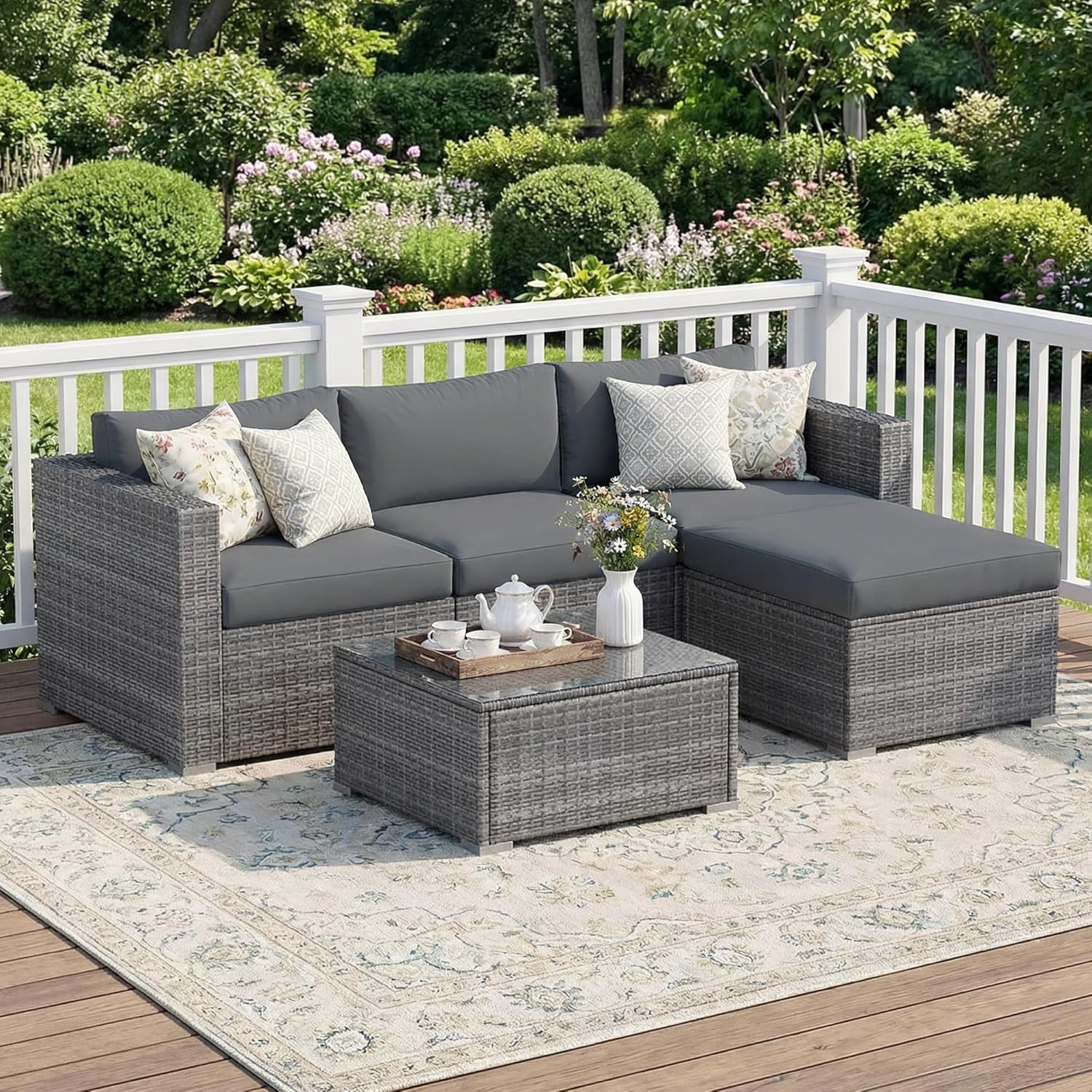 Wisteria Lane 5-Piece Outdoor Wicker Rattan Sectional Conversation Set With Cushions And Glass Coffee Table - Grey