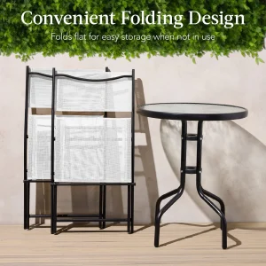 Best Choice Products 3-Piece Patio Bistro Dining Set With Glass Tabletop And Folding Chairs - Gray