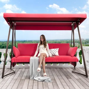 TQKVIPI 4 Person Outdoor Porch Swing Bed With Adjustable Backrest Canopy - 800 lbs Capacity