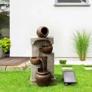 Teamson Home Solar Powered 4-Tier Cascading Bowls Garden Water Fountain With LED Lights, Brown, 28.5 in