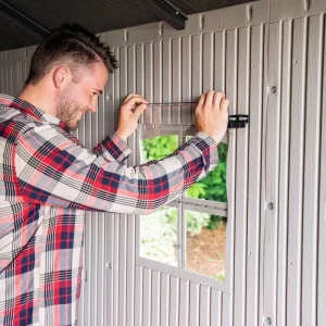 Plastic Storage Shed, 8 ft. W x 12.5 ft. D, Desert Tan And Dark Brown