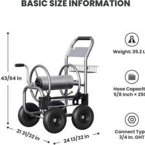 Giraffe Tools Heavy Duty Garden Hose Reel Cart With Wheels, 5/8in-250ft Hose Capacity