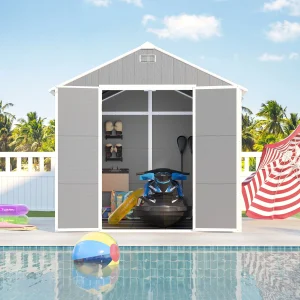Seizeen Outdoor Resin Storage Shed, 41 Cu. Ft. / 306 Gal, Gray, 3 Doors With Floor