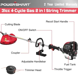 PowerSmart 4-Cycle 31cc 15lb Straight Shaft Gas String Trimmer And Brush Cutter