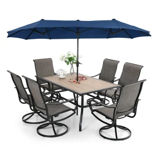 Patio Dining Set With Umbrella And 6 Sling Dining Swivel Chairs, 8-Piece - 60 x 37.4 x 28 Inches