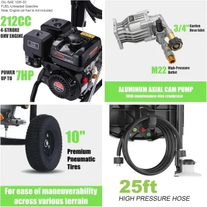 Gas Pressure Washer 4200 PSI 4.0 GPM, 212CC Engine, 5 Nozzles, 25ft Hose, 0.5Gal Soap Tank - 20FT x 1/4 Black