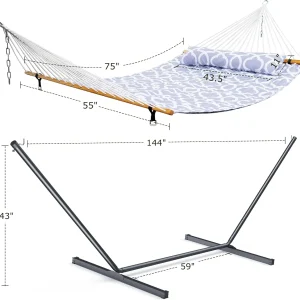 Double Outdoor Hammock With Adjustable Steel Stand, 500 LBS Capacity, Carrying Bag, White Grey
