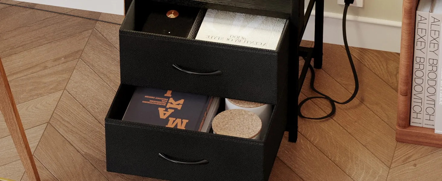 2 Large Fabric Drawers with Leather Texture Finish Open Storage