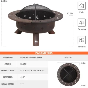 SUNCREAT 42-Inch Wood Burning Patio Fire Pit, Black, 42.1 Inch Diameter x 25.2 Inch High