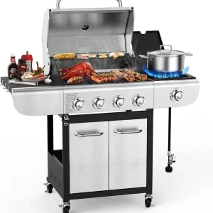 COWSAR 4-Burner Propane Gas Grill With Stainless Steel Burners, 44,000 BTU - 50.79in D x 21.65in W x 46.06in H