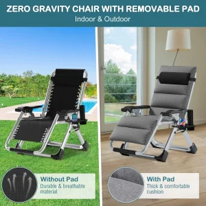 NAIZEA Zero Gravity Chair With Removable Cushion, Cup Holder, and Black Color