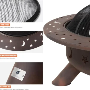 SUNCREAT 42-Inch Wood Burning Patio Fire Pit, Black, 42.1 Inch Diameter x 25.2 Inch High
