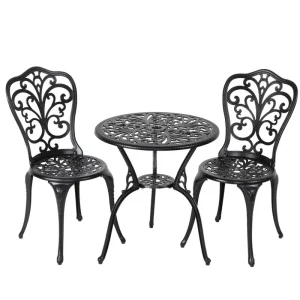 Nuu Garden 3-Piece Black Cast Aluminum Bistro Patio Set - 24 Inch Round Table