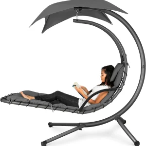 Best Choice Products Outdoor Hanging Steel Chaise Lounge Chair With Canopy, Charcoal Gray - SKY5871