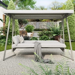 TQKVIPI 4 Person Outdoor Porch Swing Bed With Adjustable Backrest Canopy - 800 lbs Capacity