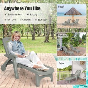 Rolling Folding Plastic Pool Lounge Chair With Armrests, 5 Position - Patio Deck Beach Chair