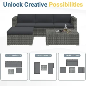 Wisteria Lane 5-Piece Outdoor Wicker Rattan Sectional Conversation Set With Cushions And Glass Coffee Table - Grey