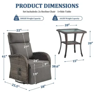 Pocassy 3-Piece Outdoor Recliner Set With Side Tables And Grey Cushions