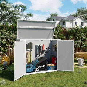 Seizeen Outdoor Resin Storage Shed, 41 Cu. Ft. / 306 Gal, Gray, 3 Doors With Floor