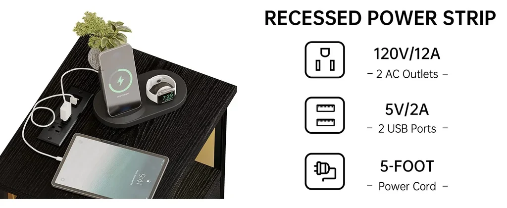 Modern Black LED Nightstand Recessed Power Strip 2 AC Outlets and 2 USB Ports